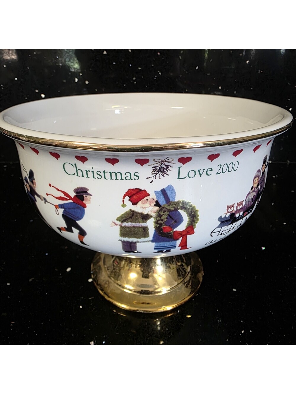 Christmas Love Teleflora Charles Wysocki Porcelain Pedestal Bowl 2000 gold trim